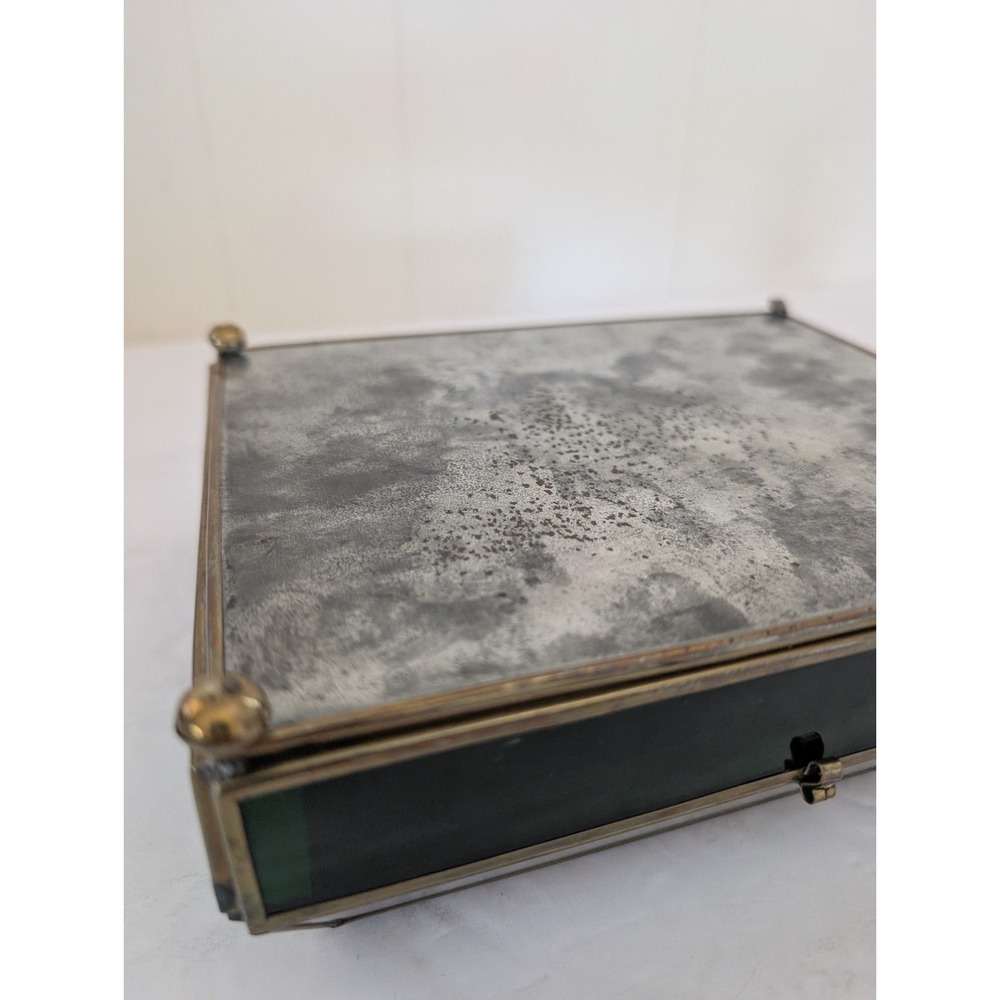 Jewelry Box Etched Floral Stained Glass Green Clear Vintage Glass Trinket FLAW - Picture 14 of 16